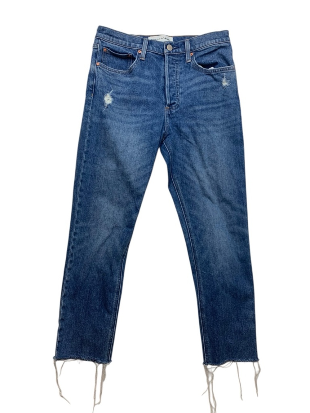 Denim Forum size 28 long yoko high rise slim jeans regular wash distressed raw